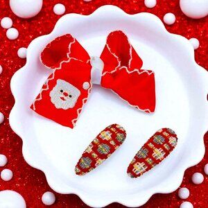 Santa Hair Bow Plaid Clippie Set